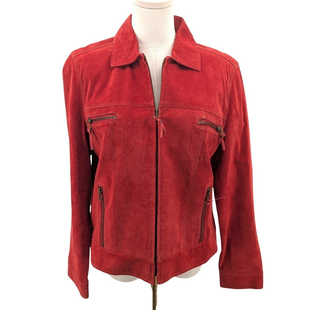 Red Suede Leather Moto Jacket Zip Pockets Collared Womens PL Petite